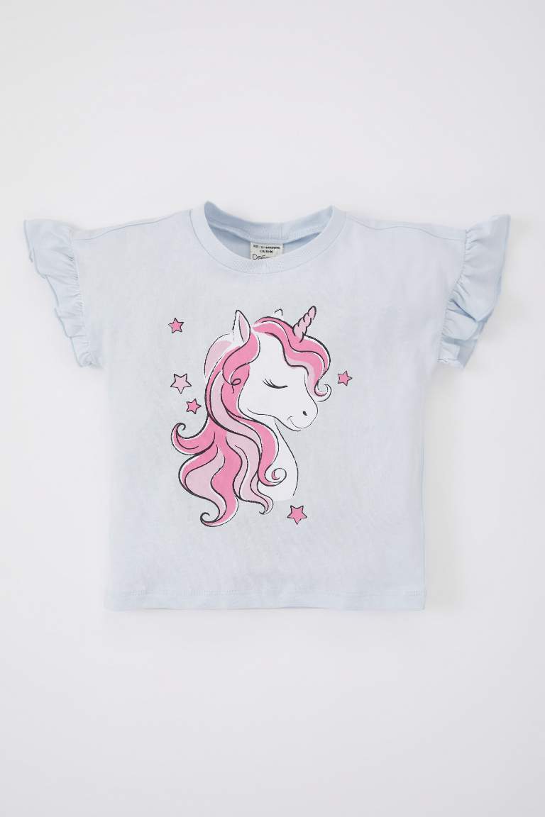 T-Shirt à Manches Courtes imprimé Licorne à Col rond pour Bébé Fille