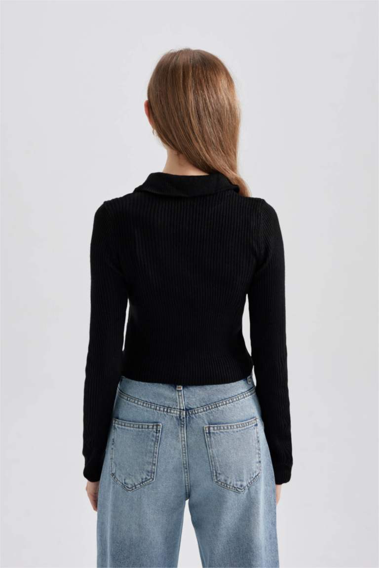 Slim Fit Dik Yaka Yarım Fermuarlı Basic Kazak