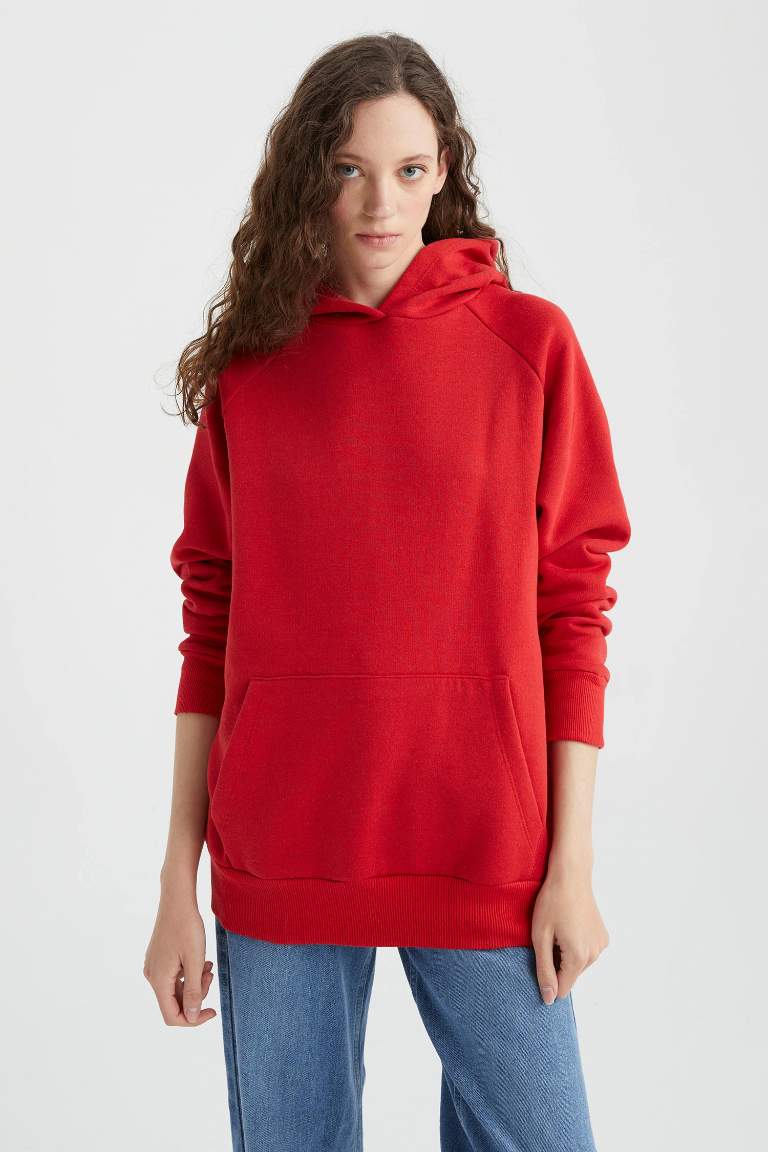 Crew Neck Hooded Kangaroo Pocket Basic Raglan Sweatshirt