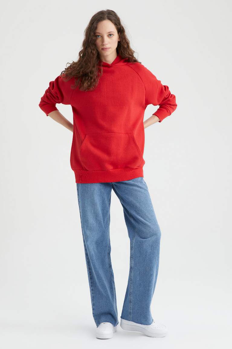 Crew Neck Hooded Kangaroo Pocket Basic Raglan Sweatshirt