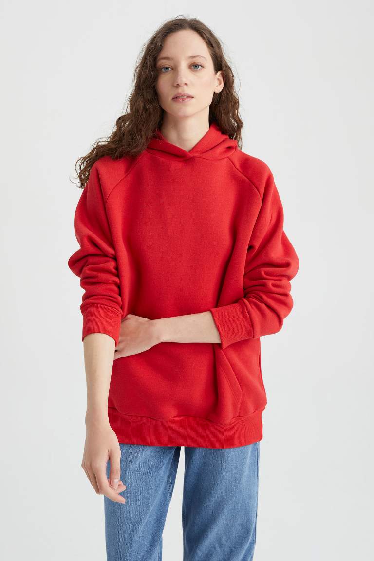 Crew Neck Hooded Kangaroo Pocket Basic Raglan Sweatshirt