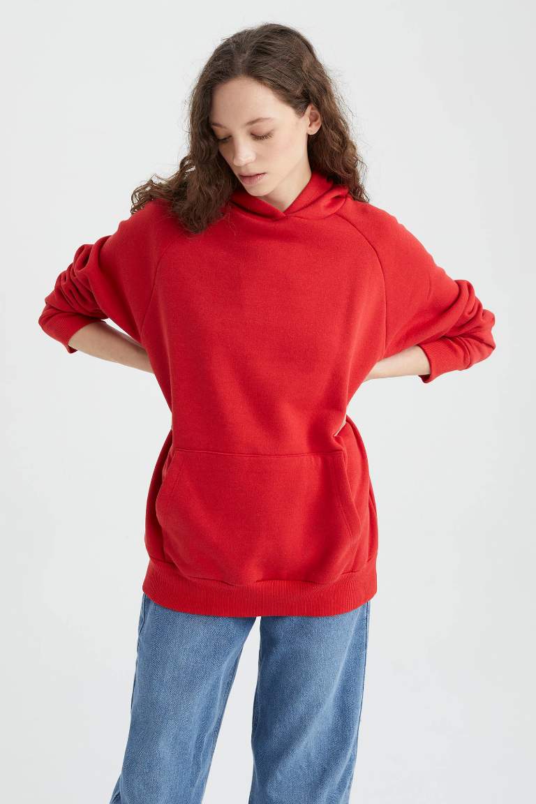 Crew Neck Hooded Kangaroo Pocket Basic Raglan Sweatshirt