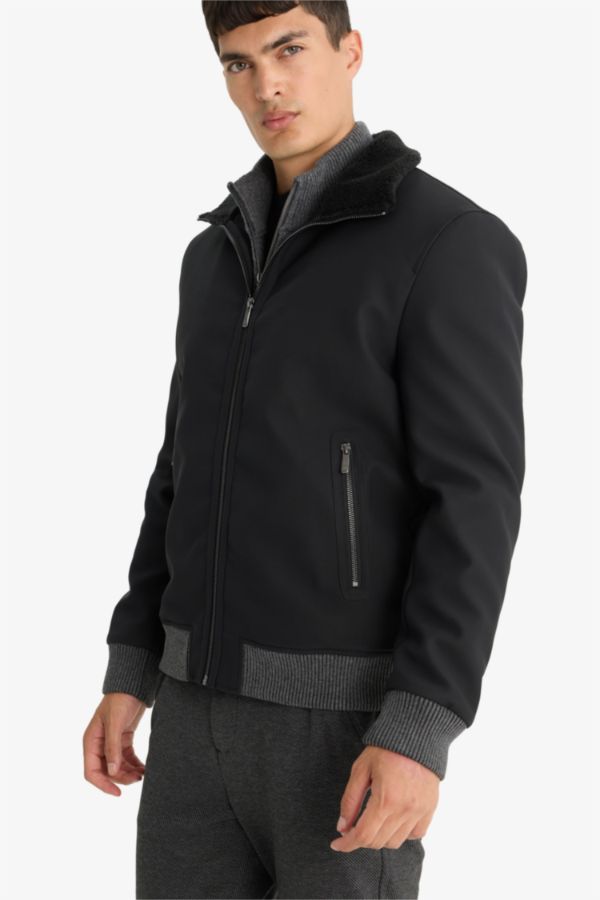 Slim Fit Suni Kürklü Yaka Suni Deri Mont