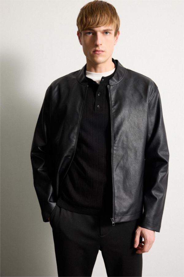 Su İtici Slim Fit Suni Deri Ceket Mont
