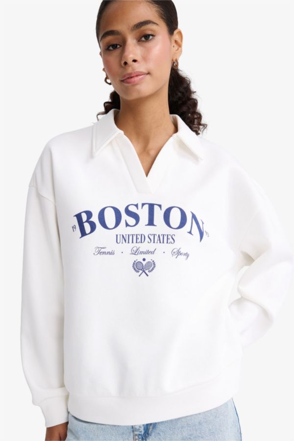 Relax Fit Polo Yaka Baskılı Kalın Sweatshirt