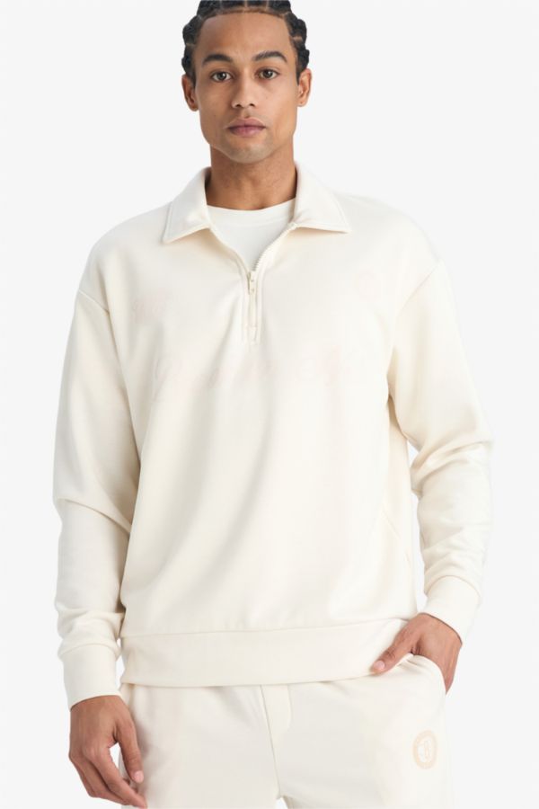NBA Brooklyn Nets Relax Fit Polo Yaka Yarım Fermuarlı Modal Sweatshirt