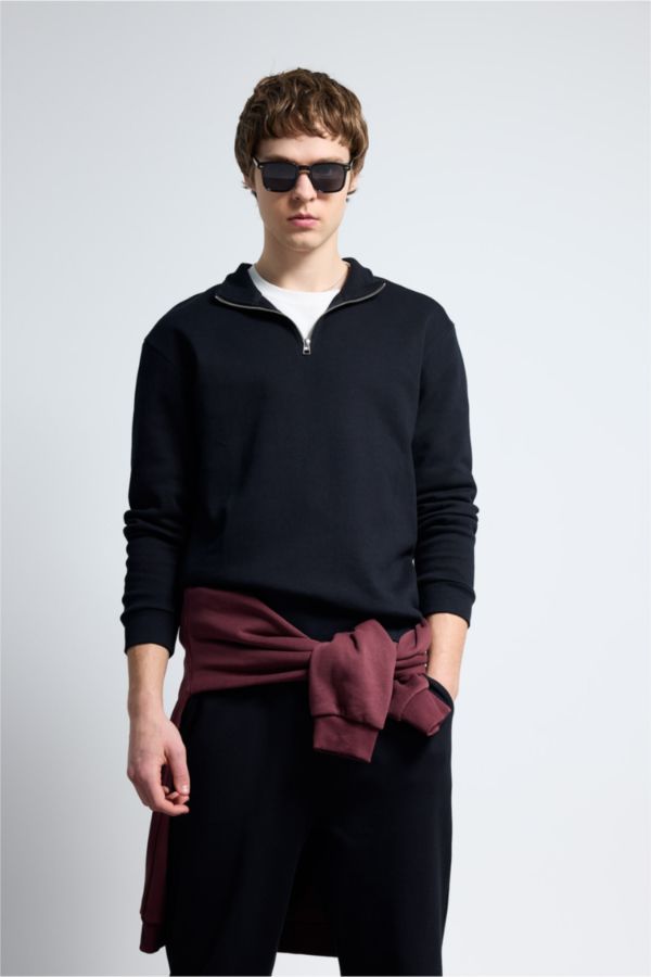 Pamuklu Dik Yaka Yarım Fermuarlı Sweatshirt