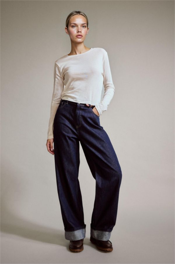 %100 Pamuk Wide Leg Geniş Bol Katlamalı Paça Jean Pantolon