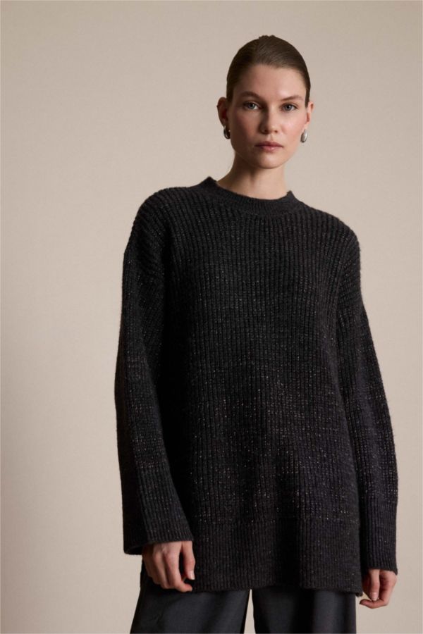 Loose Fit Bisiklet Yaka Simli Kumaş Triko Kazak Tunik