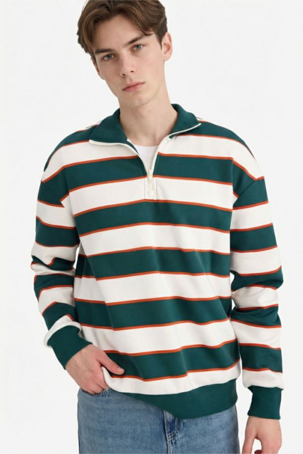 Boxy Fit Dik Yaka Yarım Fermuarlı Çizgili Sweatshirt