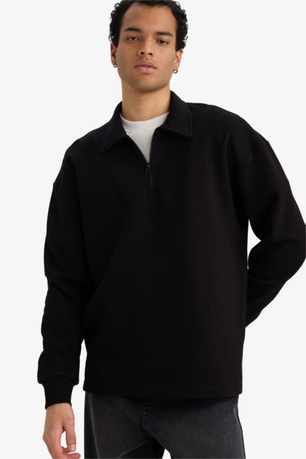 Boxy Fit Polo Yaka Yarım Fermuarlı Pike Sweatshirt