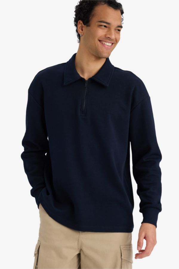 Boxy Fit Polo Yaka Yarım Fermuarlı Pike Sweatshirt