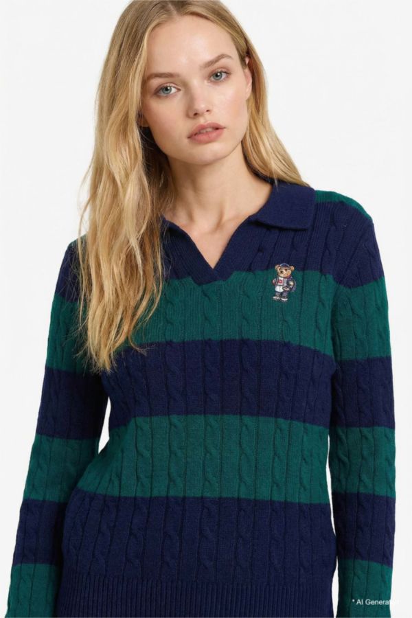 Polo Yaka Çizgili Örgü Kazak