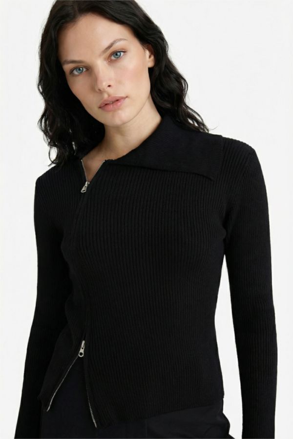 Slim Fit Dar Kesim Fermuarlı Hırka