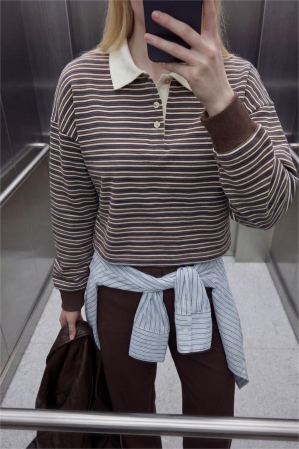 %100 Pamuk Loose Fıt Çizgili Sweatshirt