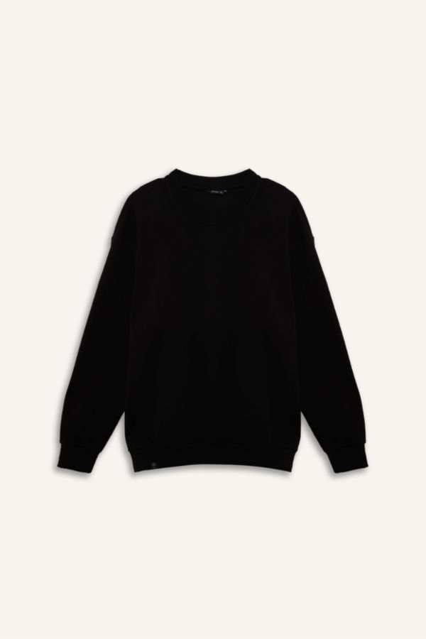 Pamuklu Boxy Fıt Büyük Beden Bisiklet Yaka Pike Sweatshirt