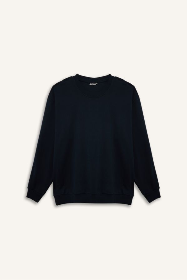Pamuklu Boxy Fıt Büyük Beden Bisiklet Yaka Pike Sweatshirt