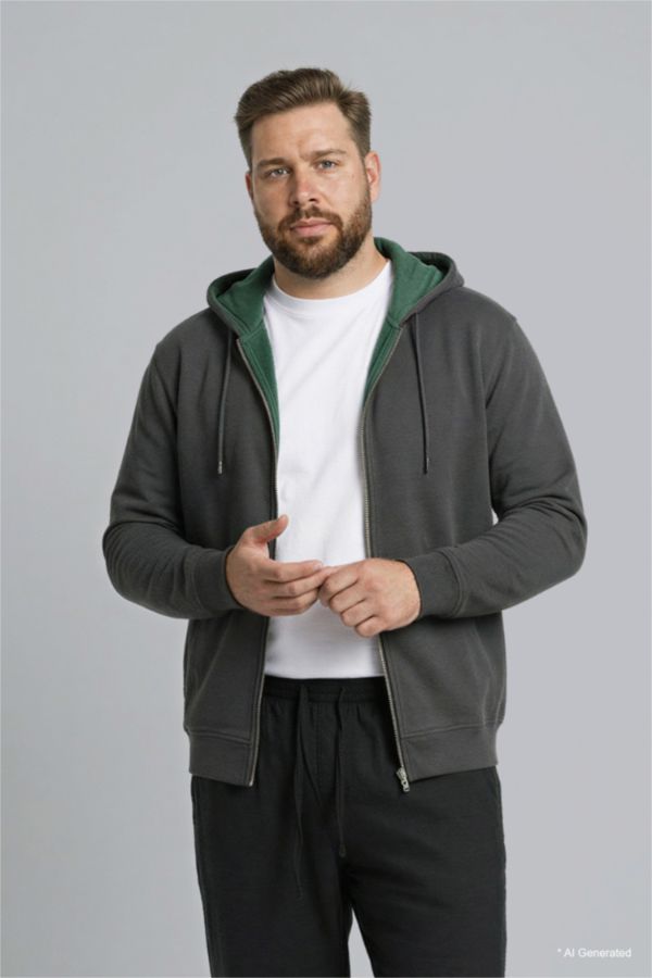 %100 Pamuk Büyük Beden Kapüşonlu Fermuarlı Sweatshirt