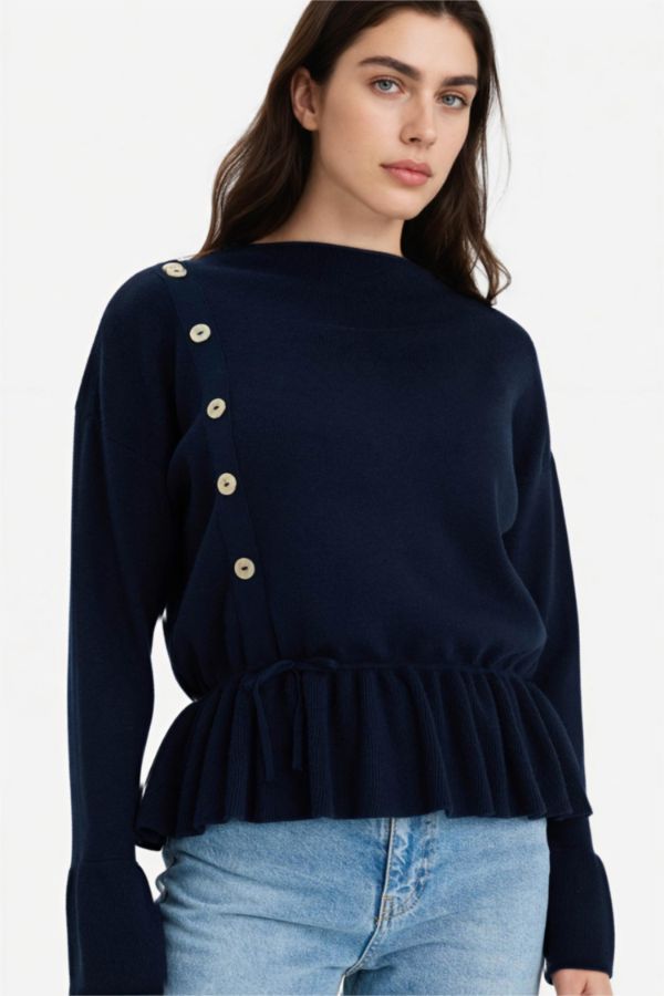 Kayık Yaka Düğmeli Peplum Basic Kazak