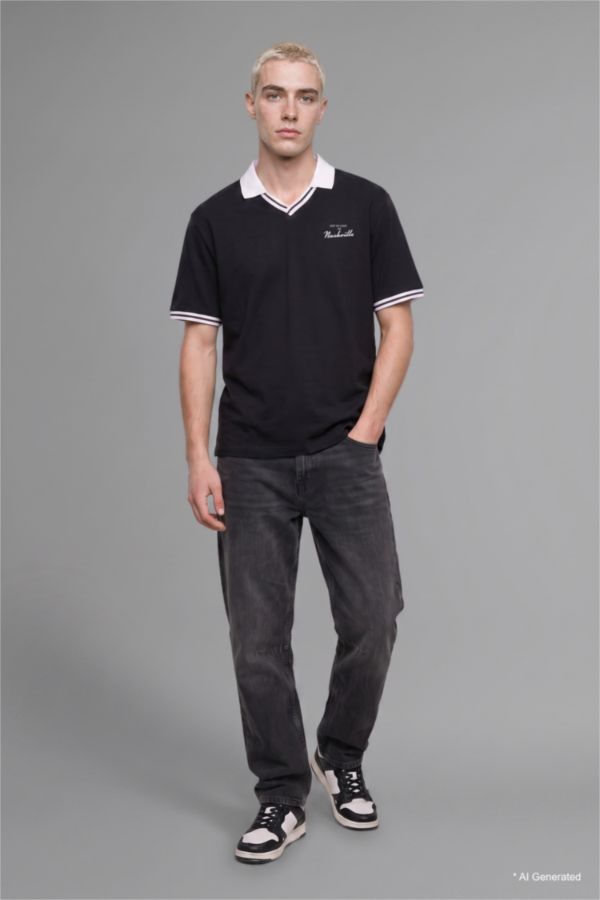 %100 Pamuk Boxy Fit Nakışlı Polo Yaka Tişört