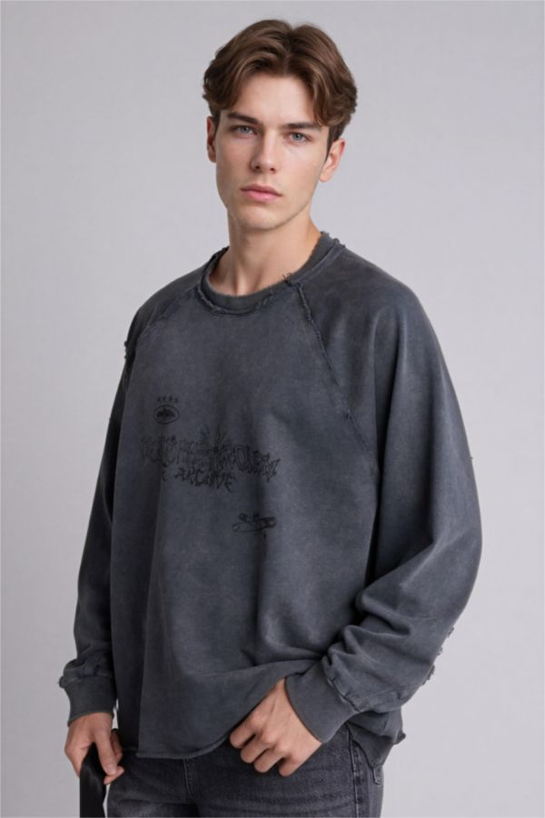 %100 Pamuk Boxy Fıt Bisiklet Yaka Sweatshirt