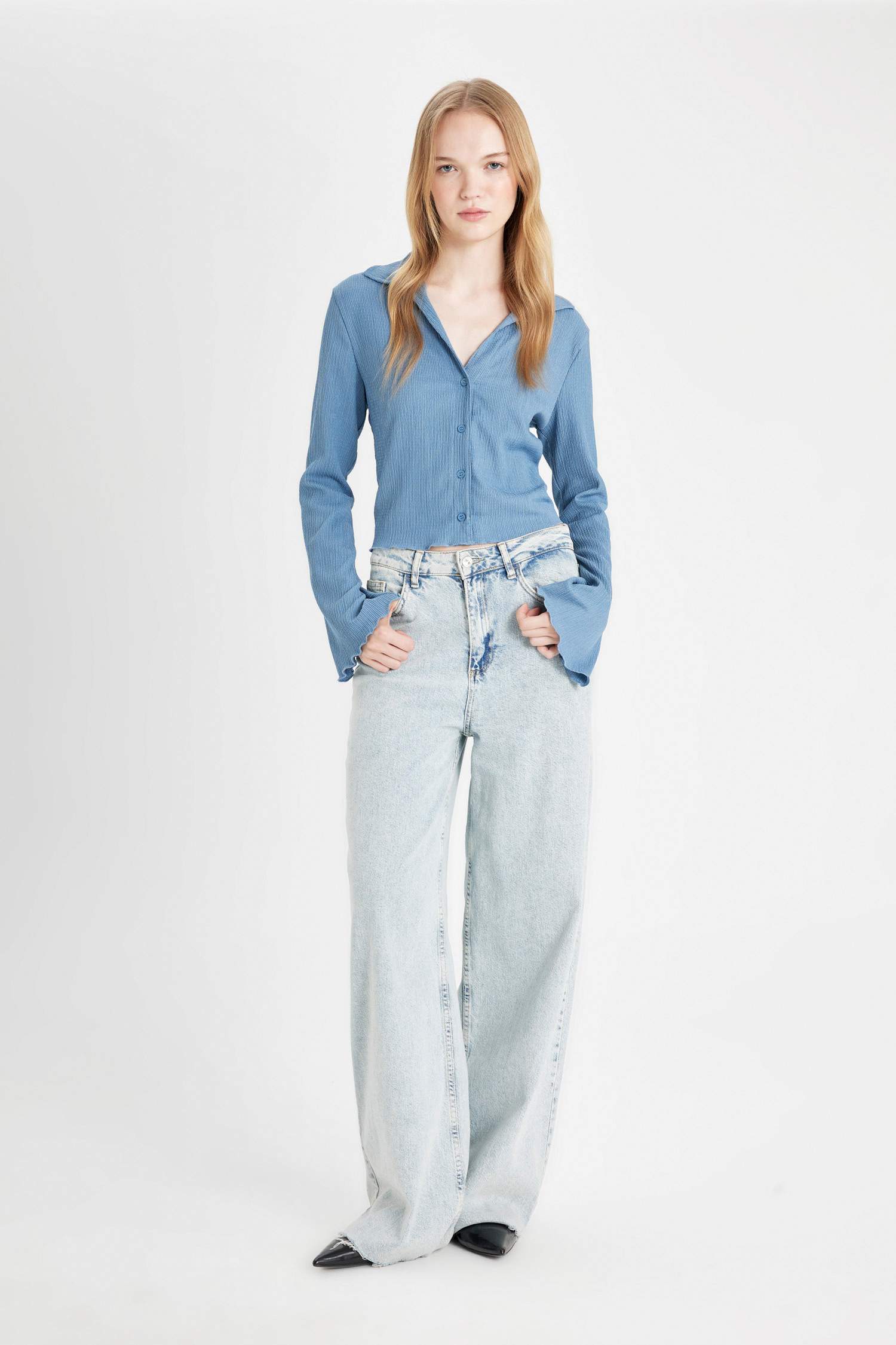 Fitted Basic Düz Bürümcük Uzun Kollu Crop Gömlek