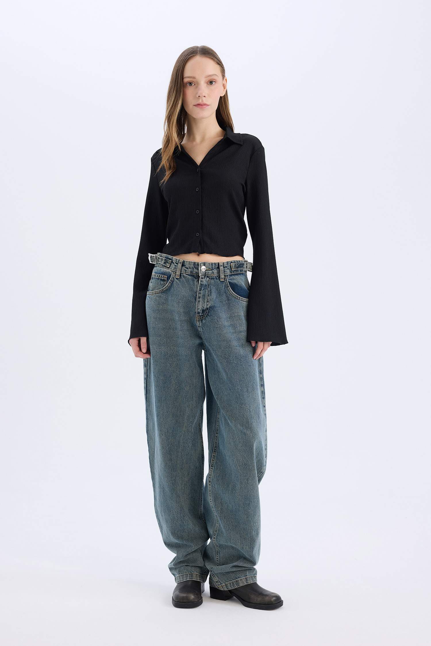 Coool Fitted Basic Düz Bürümcük Uzun Kollu Crop Gömlek