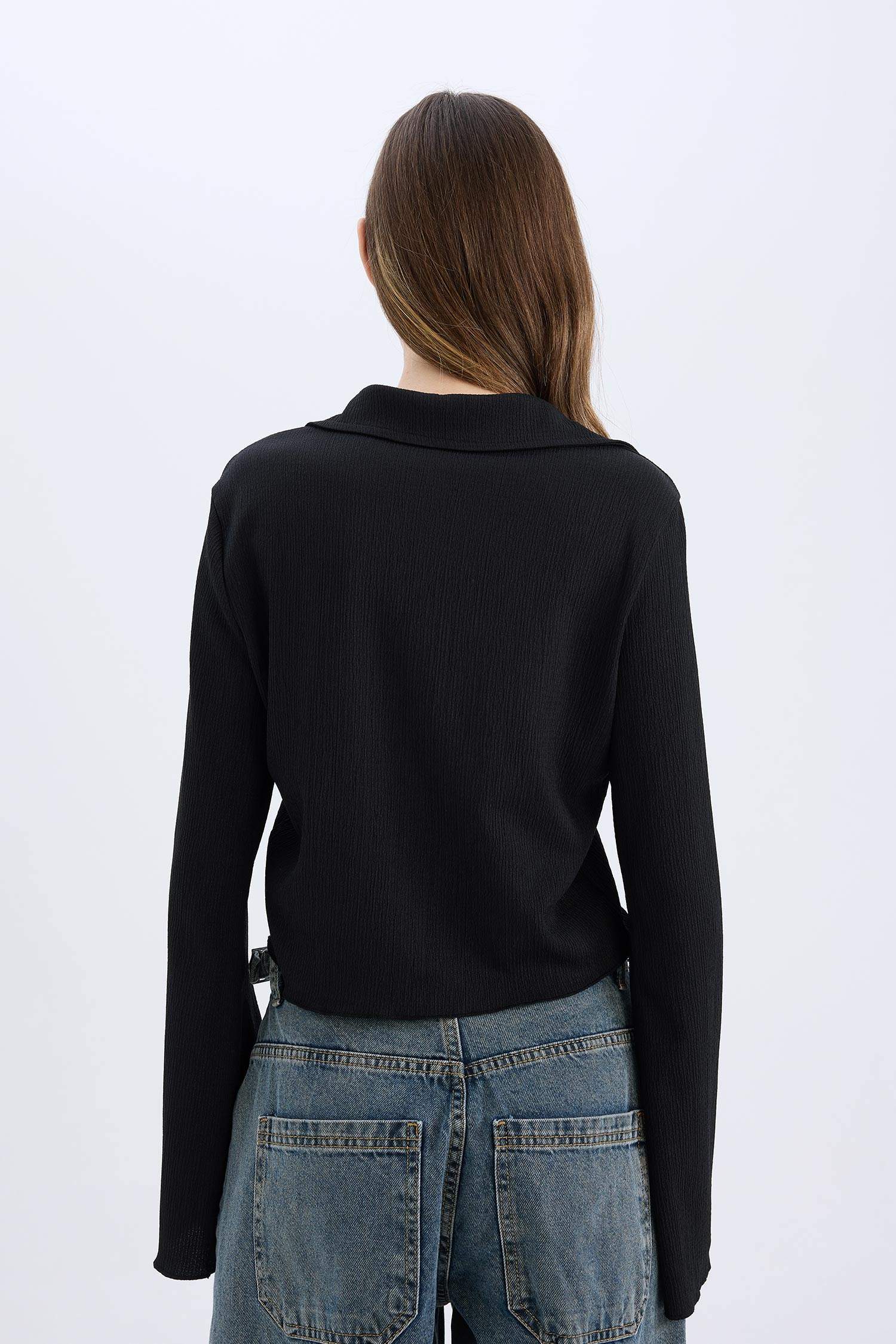 Coool Fitted Basic Düz Bürümcük Uzun Kollu Crop Gömlek