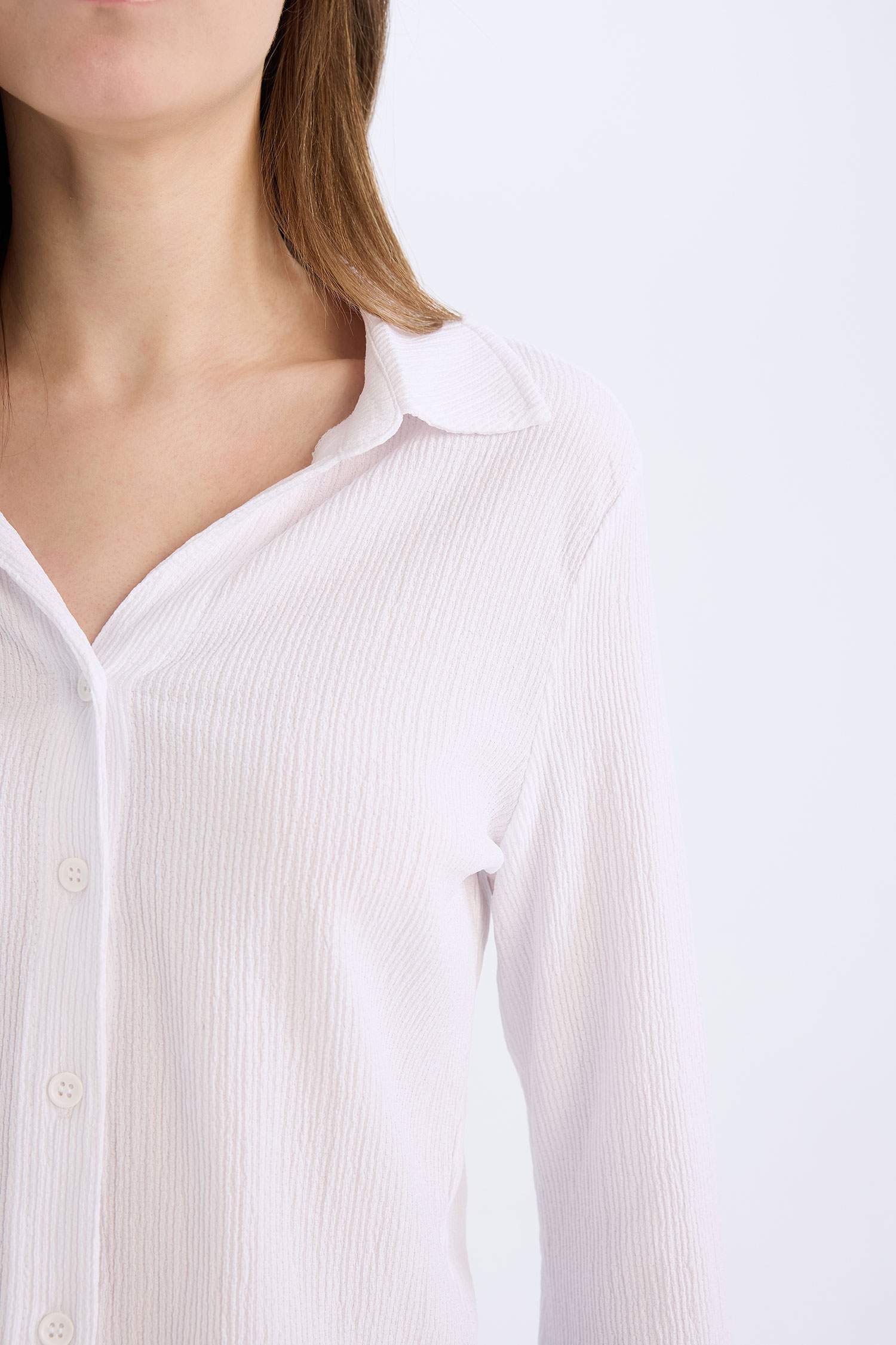 Coool Fitted Basic Düz Bürümcük Uzun Kollu Crop Gömlek