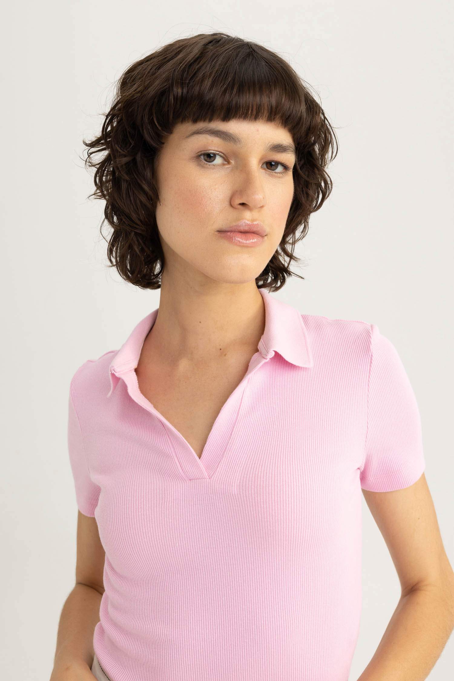 Pink Boxy Crop Fit Polo Collar Short Sleeves Cotton Women's T-Shirt by Being Human Clothing main image 1