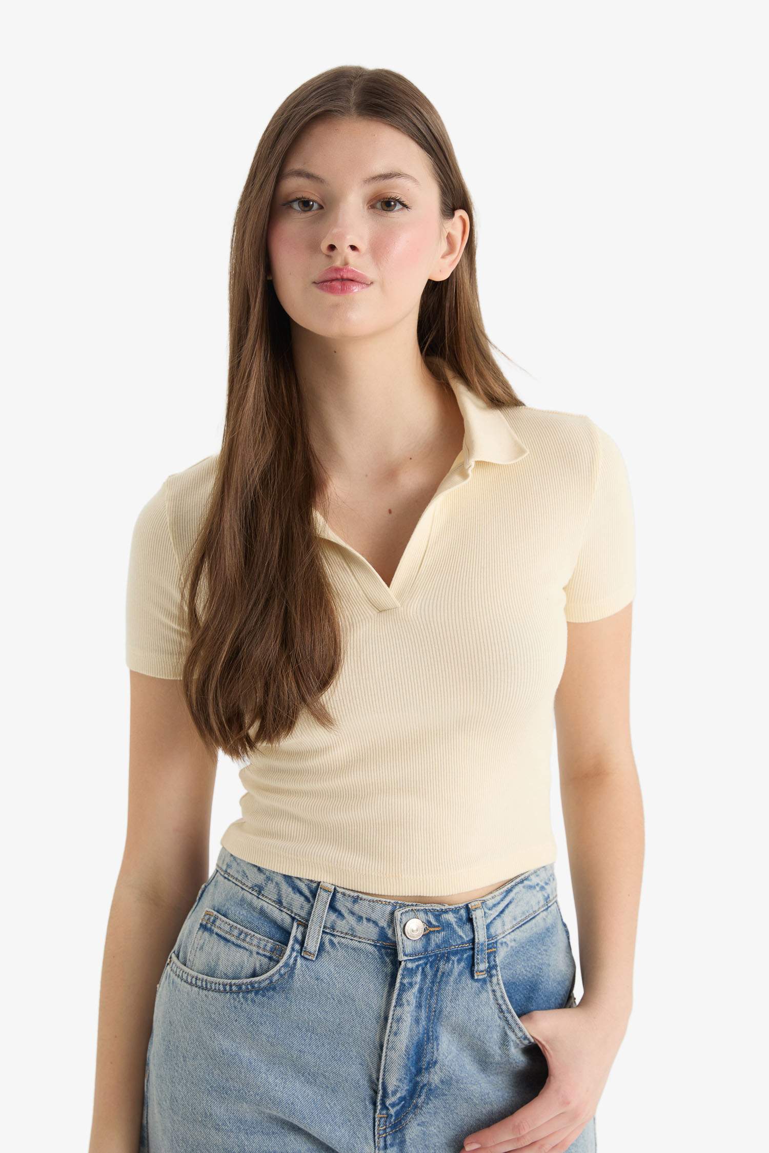 Fitted Polo Yaka Basic Düz Fitilli Kaşkorse Kısa Kollu Tişört