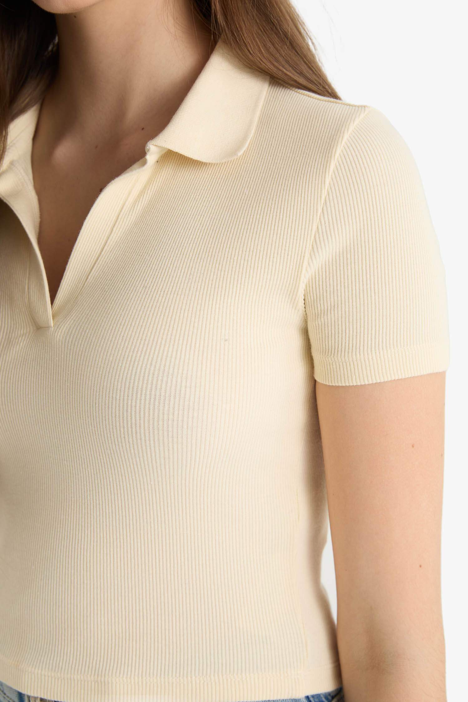 Fitted Polo Yaka Basic Düz Fitilli Kaşkorse Kısa Kollu Tişört