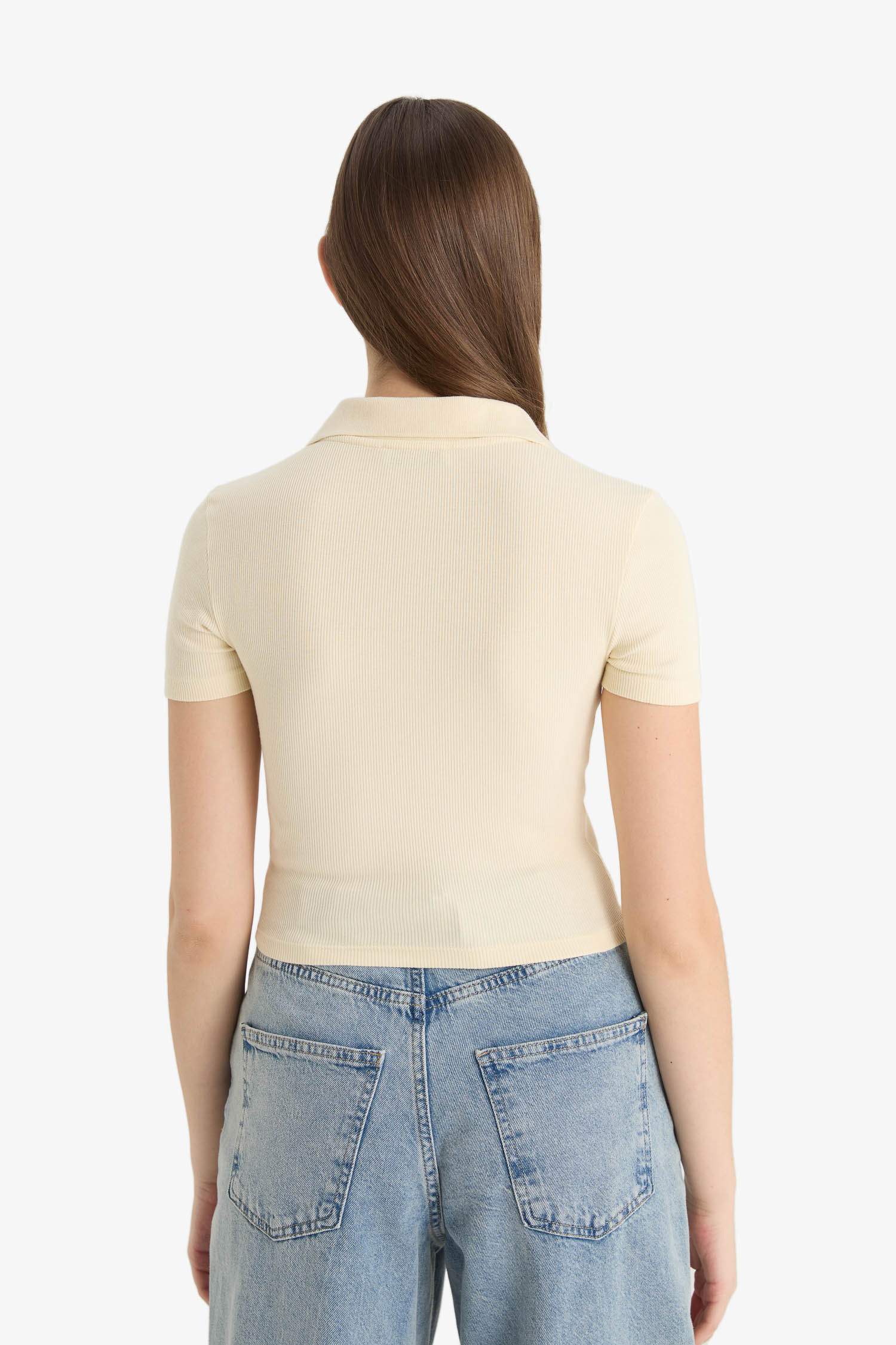 Fitted Polo Yaka Basic Düz Fitilli Kaşkorse Kısa Kollu Tişört