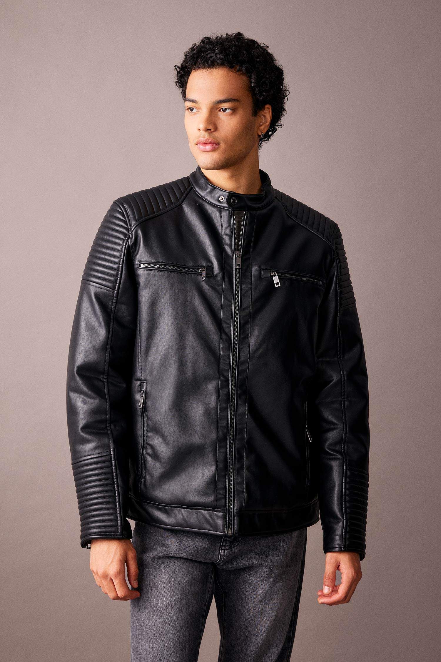 Su İtici Slim Fit Deri Mont Ceket Dar Kesim Dik Yaka Fermuarlı Cepli Mevsimlik