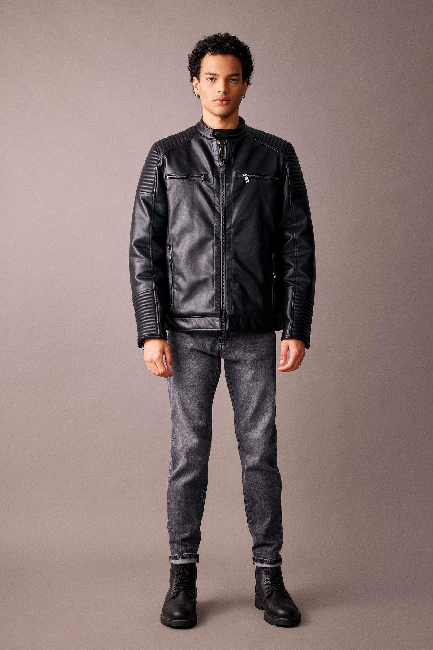 Su İtici Slim Fit Deri Mont Ceket Dar Kesim Dik Yaka Fermuarlı Cepli Mevsimlik