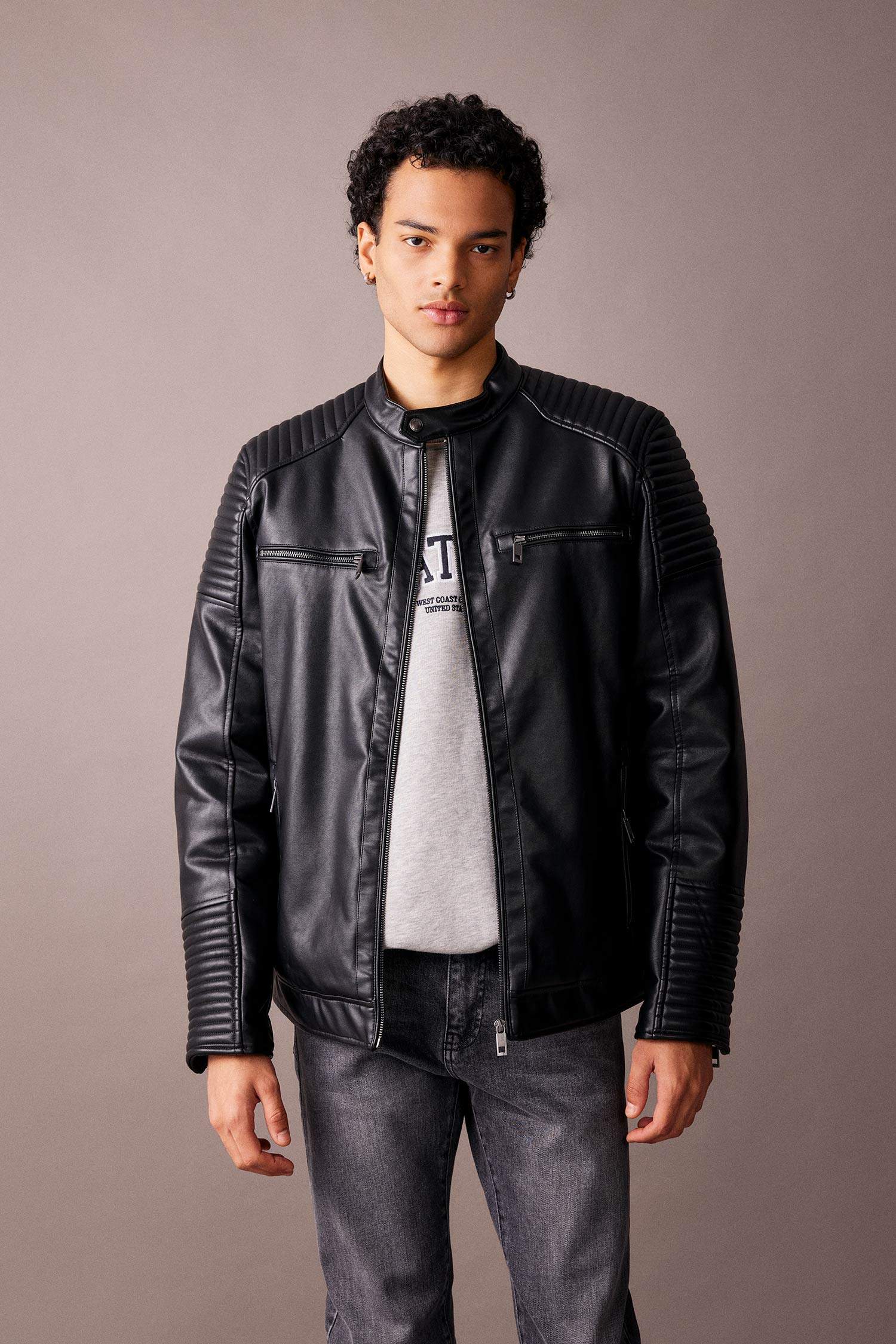 Su İtici Slim Fit Deri Mont Ceket Dar Kesim Dik Yaka Fermuarlı Cepli Mevsimlik