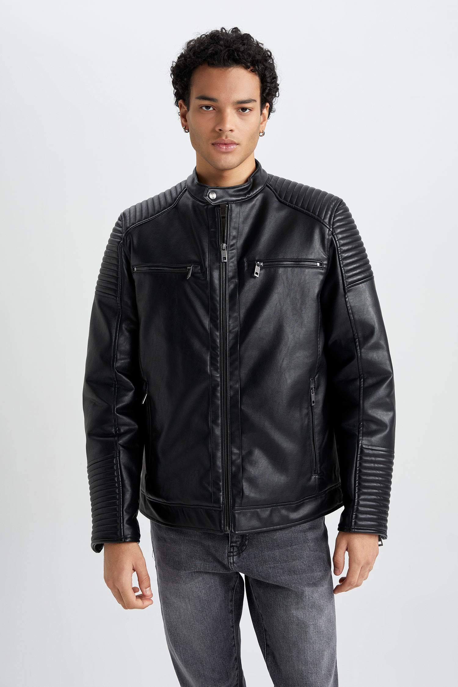 Su İtici Slim Fit Deri Mont Ceket Dar Kesim Dik Yaka Fermuarlı Cepli Mevsimlik