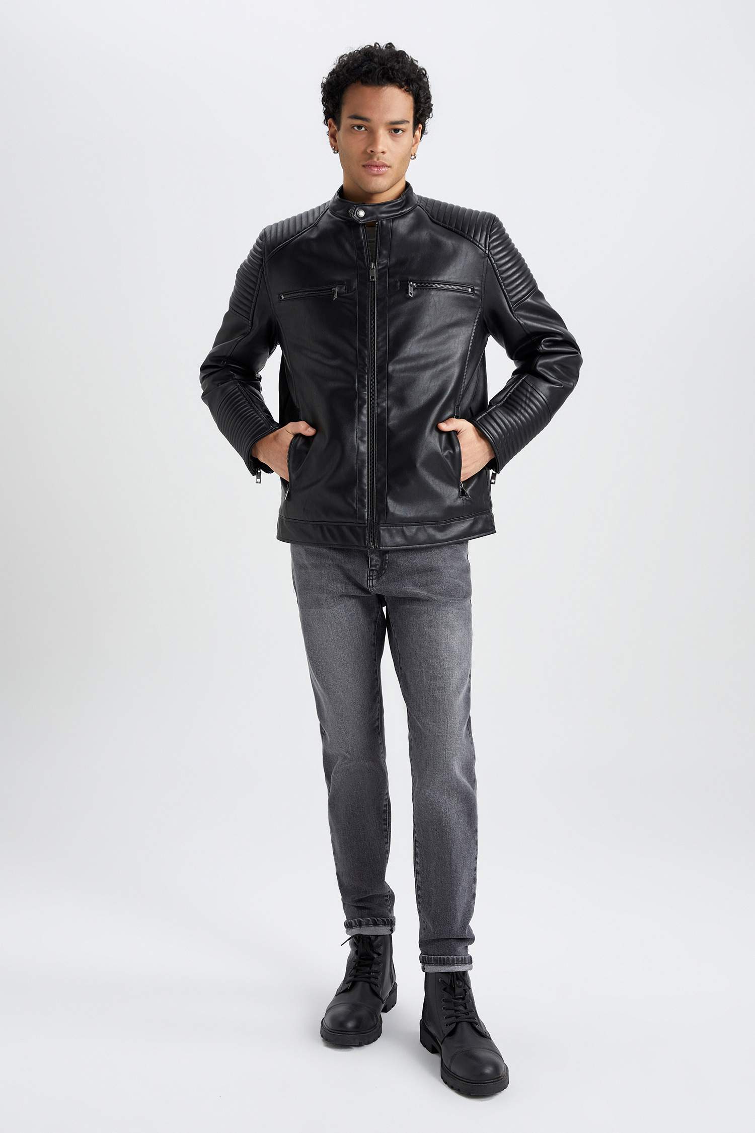 Su İtici Slim Fit Deri Mont Ceket Dar Kesim Dik Yaka Fermuarlı Cepli Mevsimlik