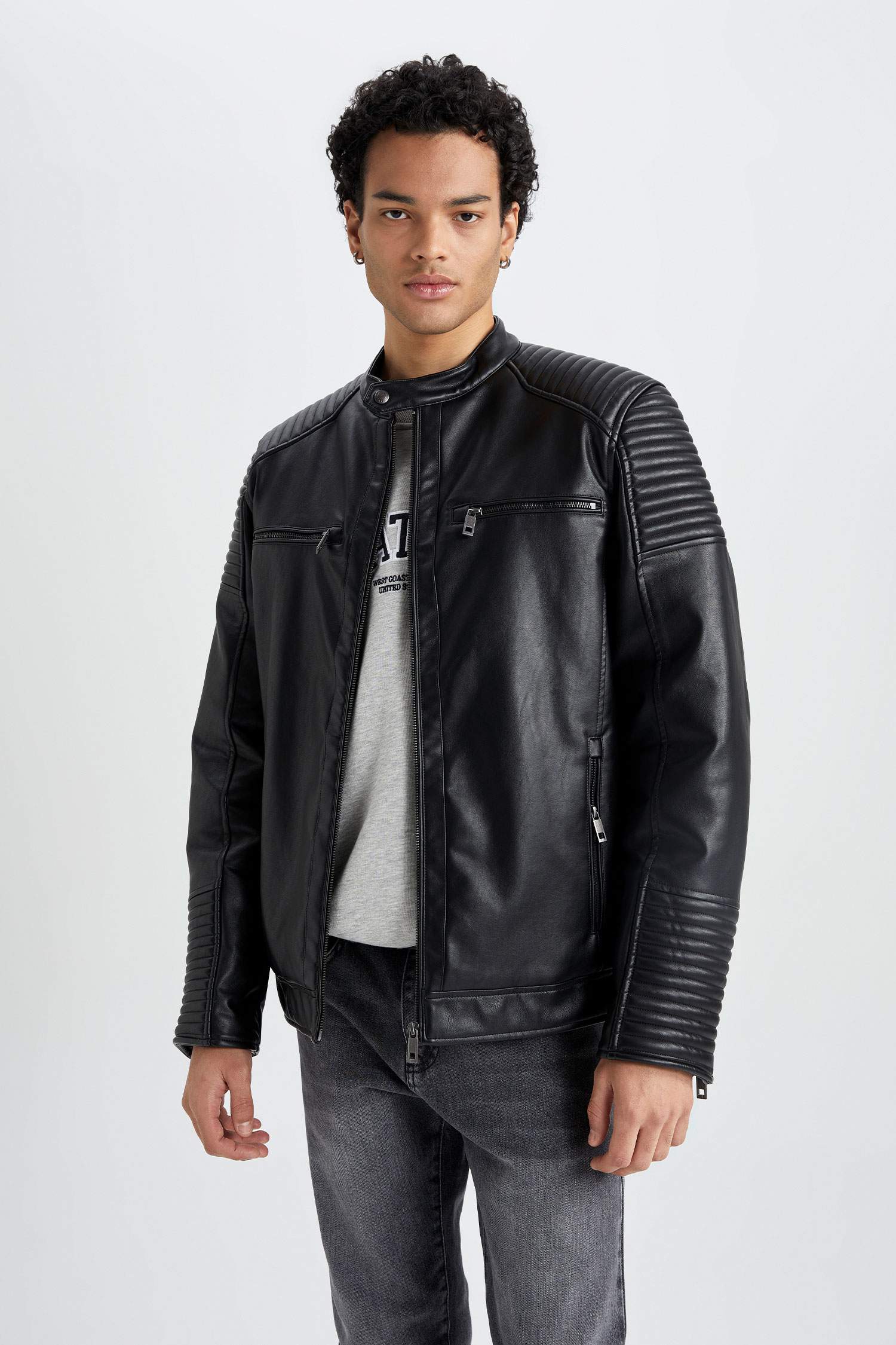 Su İtici Slim Fit Deri Mont Ceket Dar Kesim Dik Yaka Fermuarlı Cepli Mevsimlik