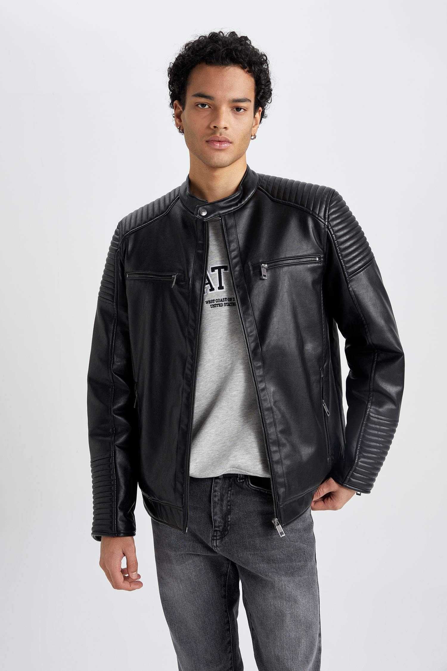 Su İtici Slim Fit Deri Mont Ceket Dar Kesim Dik Yaka Fermuarlı Cepli Mevsimlik