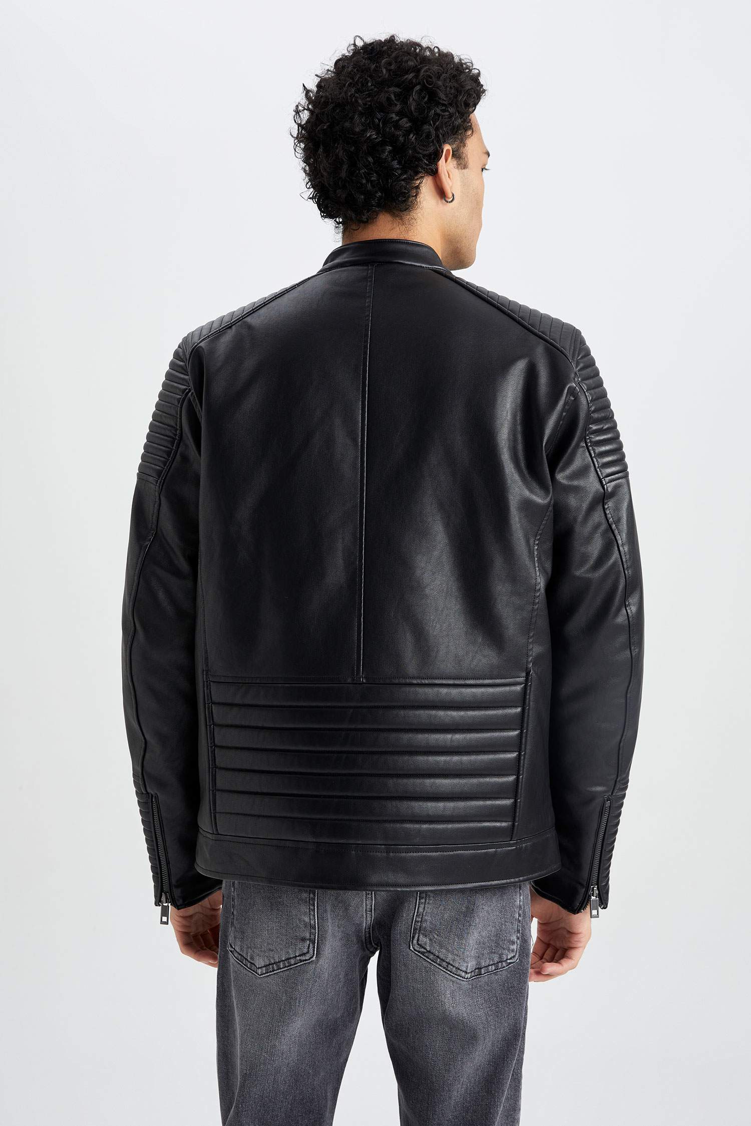 Su İtici Slim Fit Deri Mont Ceket Dar Kesim Dik Yaka Fermuarlı Cepli Mevsimlik