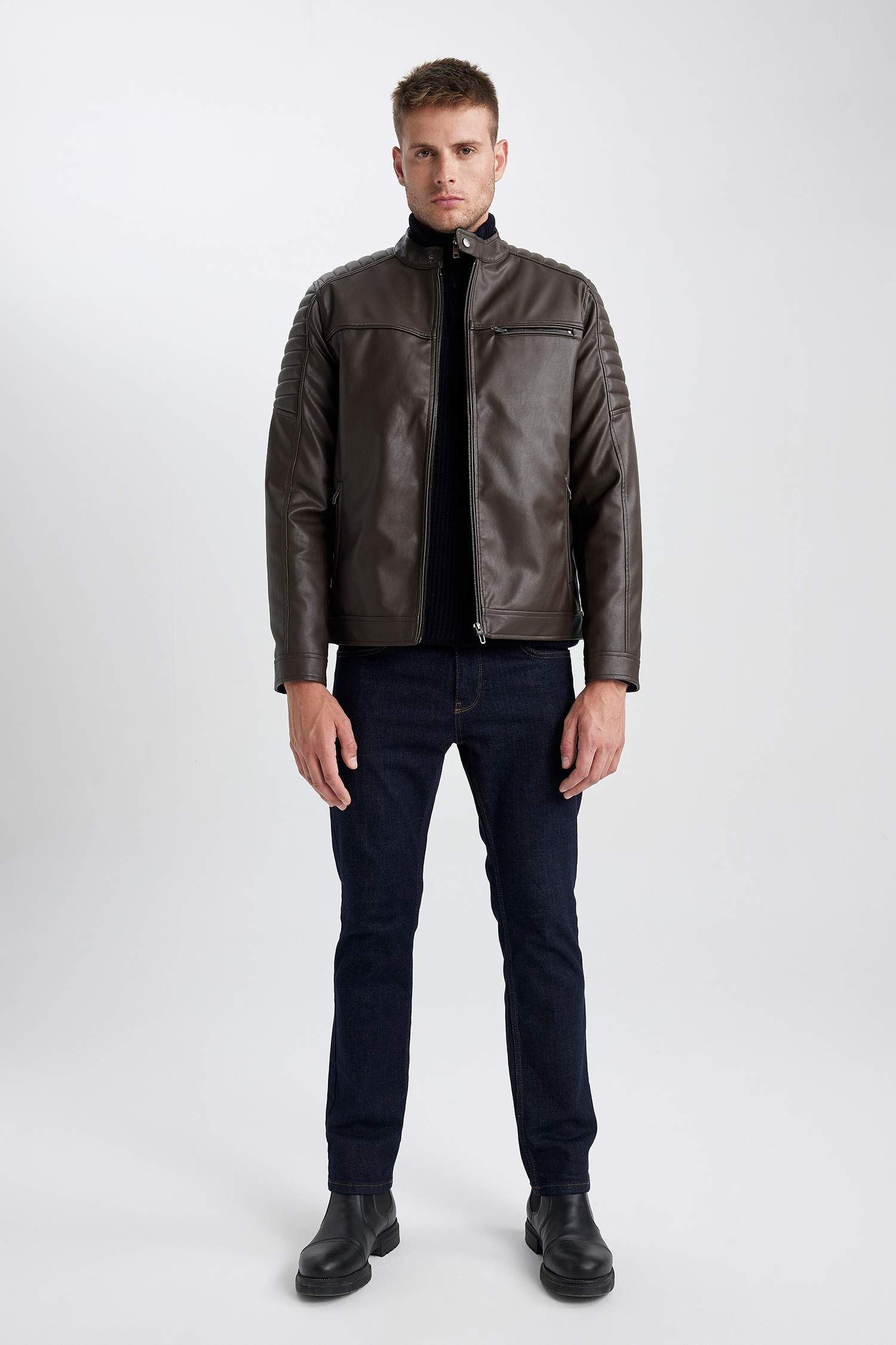 Su İtici Slim Fit Dik Yaka Fermuar Kapamalı Cepli Mevsimlik Deri Mont Ceket