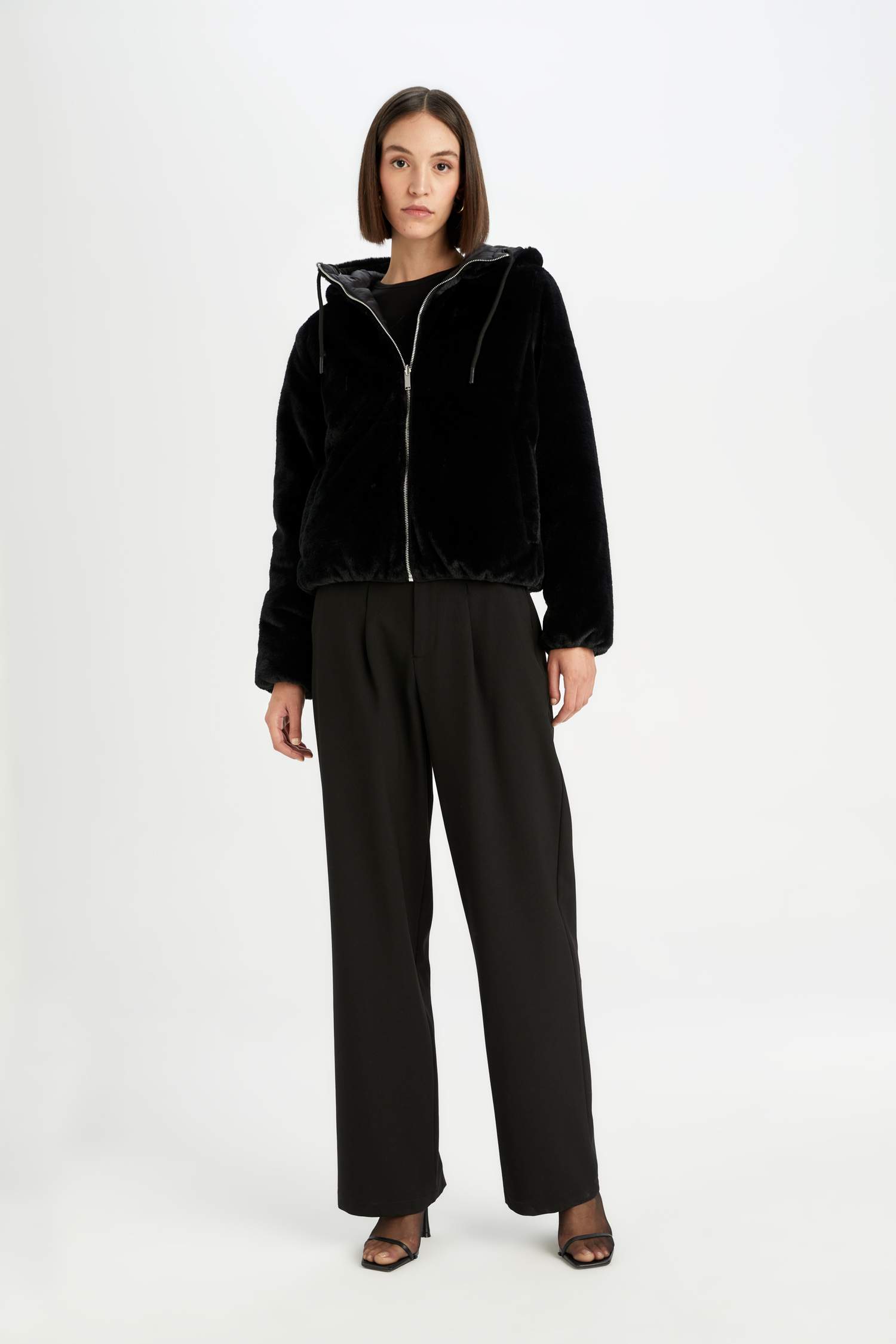 Su Geçirmez Şişme Mont Kapüşonlu Çift Taraflı Fermuarlı Cepli Pelüş