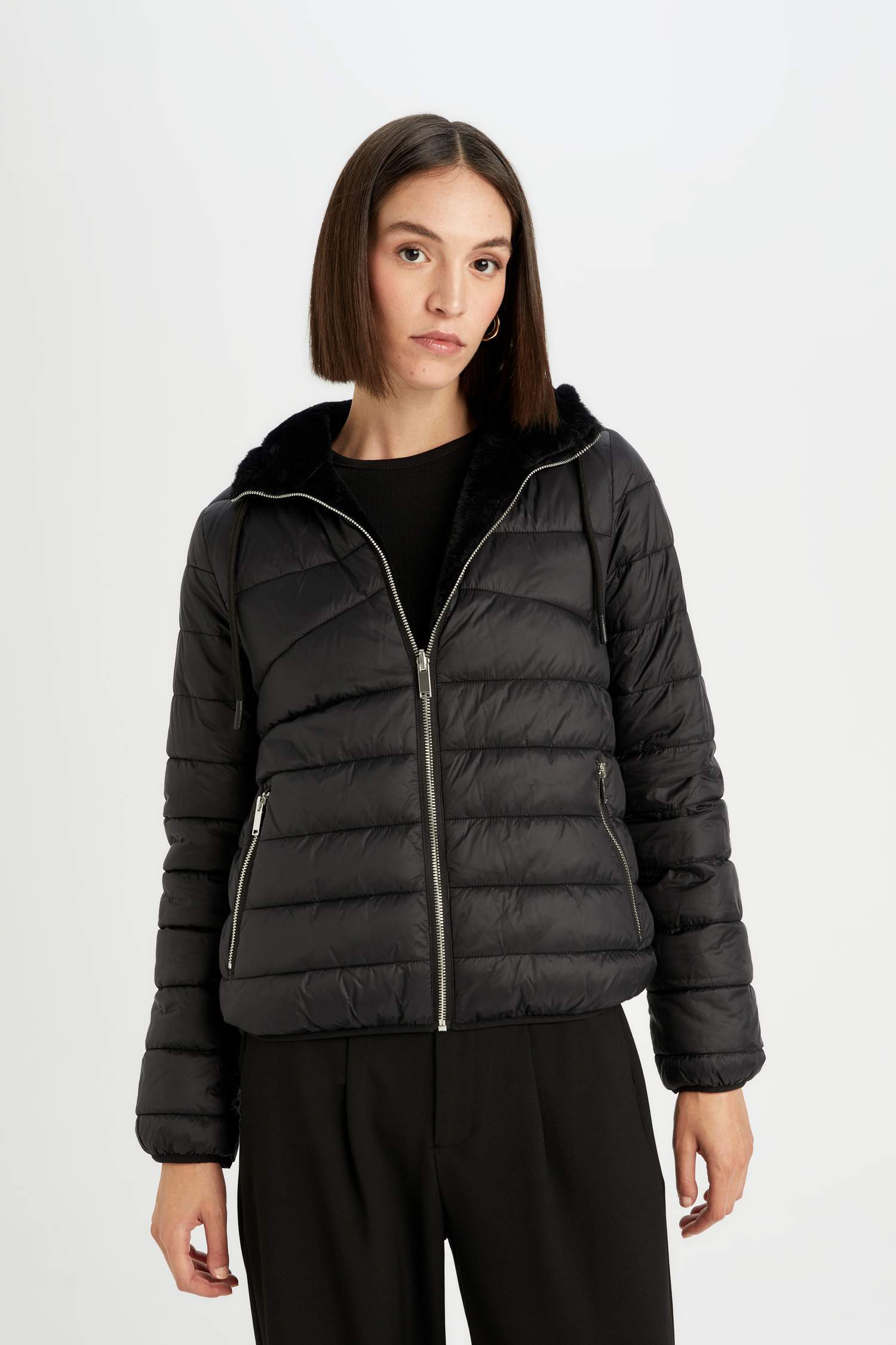 Su Geçirmez Şişme Mont Kapüşonlu Çift Taraflı Fermuarlı Cepli Pelüş