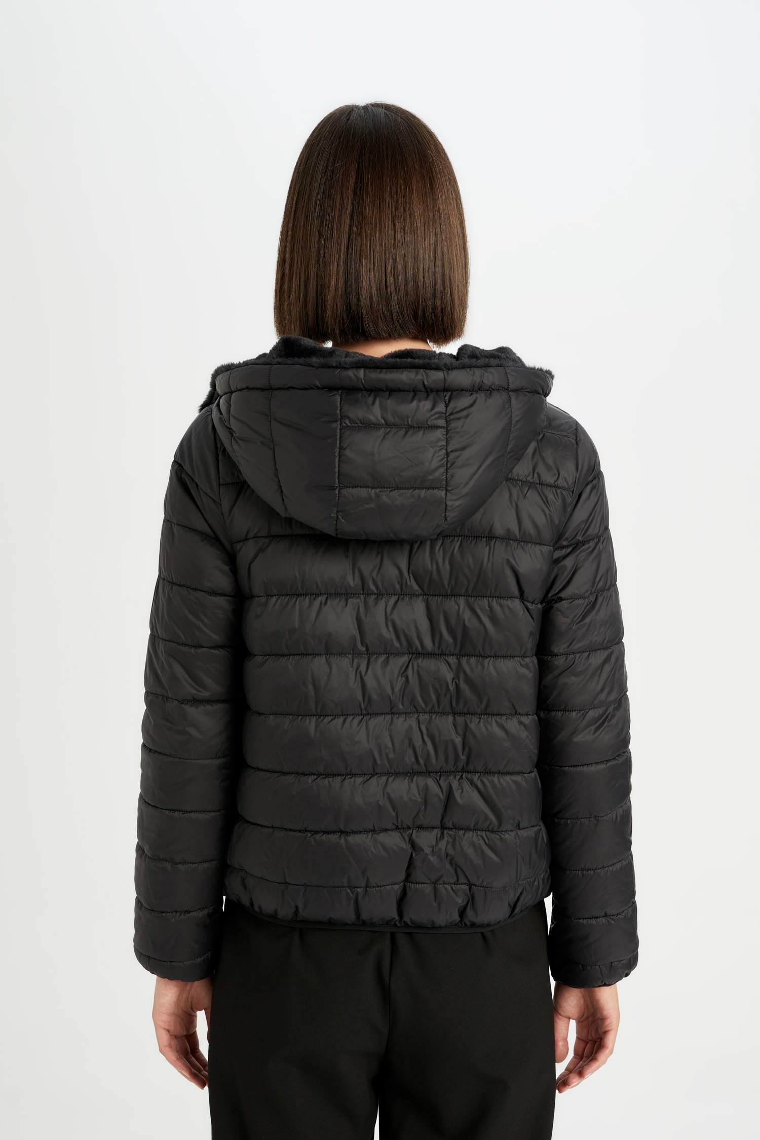 Su Geçirmez Şişme Mont Kapüşonlu Çift Taraflı Fermuarlı Cepli Pelüş