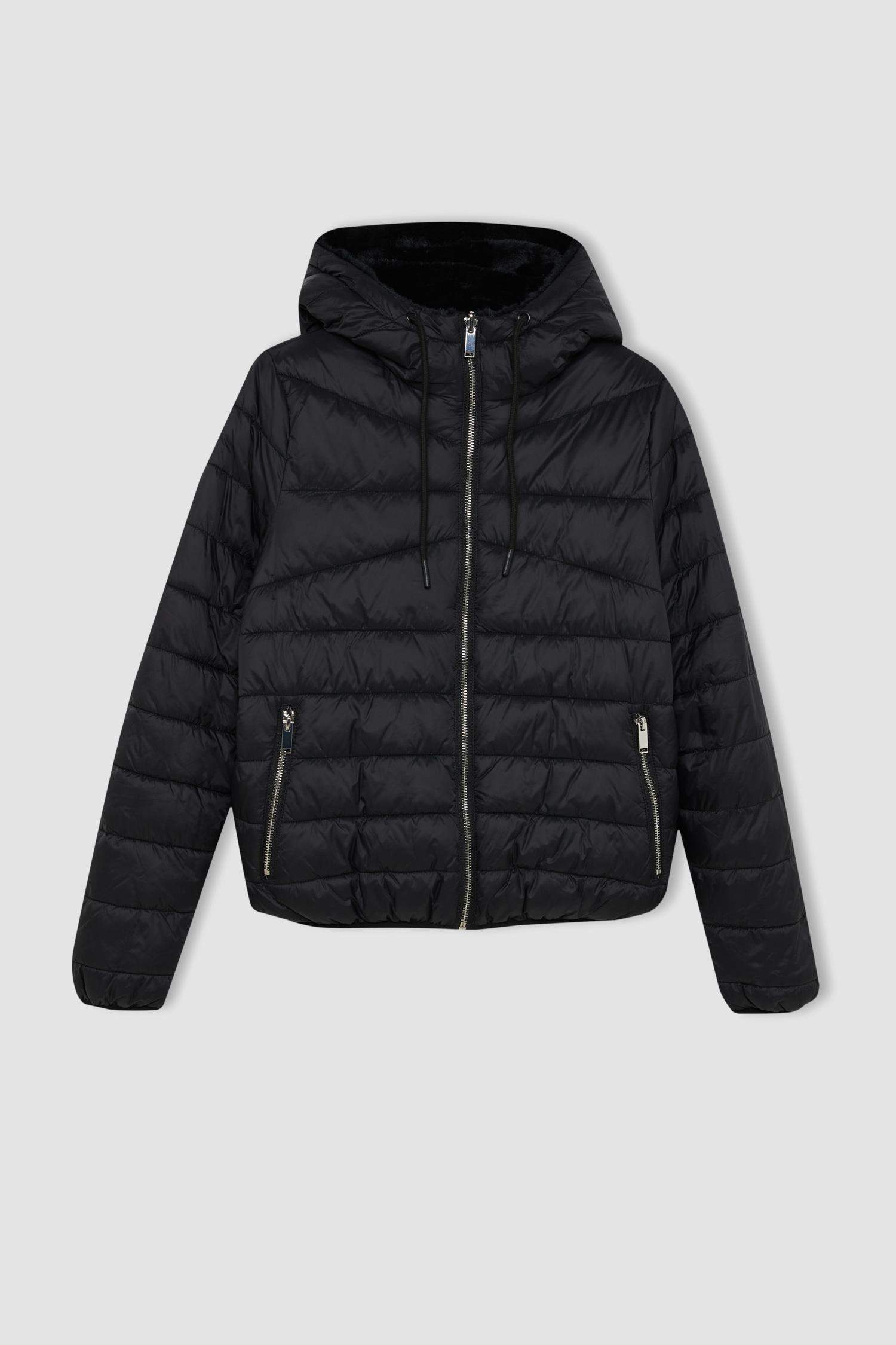 Su Geçirmez Şişme Mont Kapüşonlu Çift Taraflı Fermuarlı Cepli Pelüş