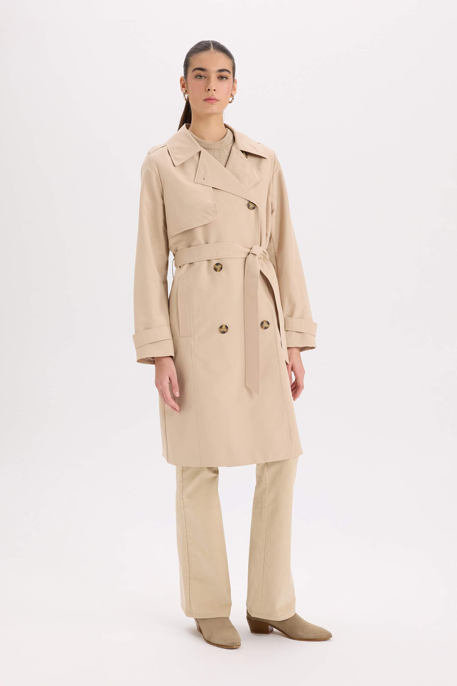 Su Geçirmez Mevsimlik Trençkot Kruvaze Yaka Düğmeli Cepli Kemerli Apoletli