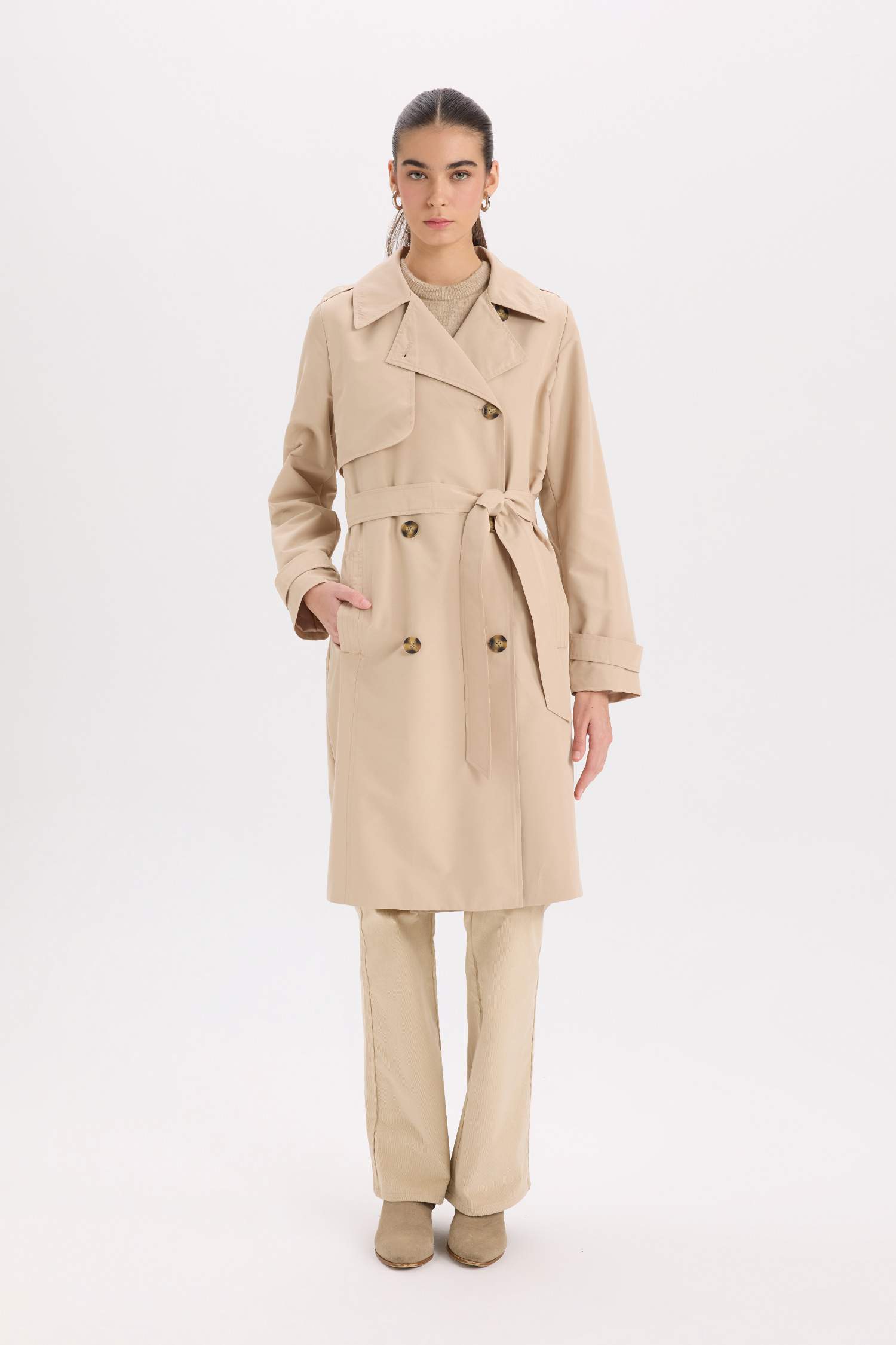 Su Geçirmez Mevsimlik Trençkot Kruvaze Yaka Düğmeli Cepli Kemerli Apoletli