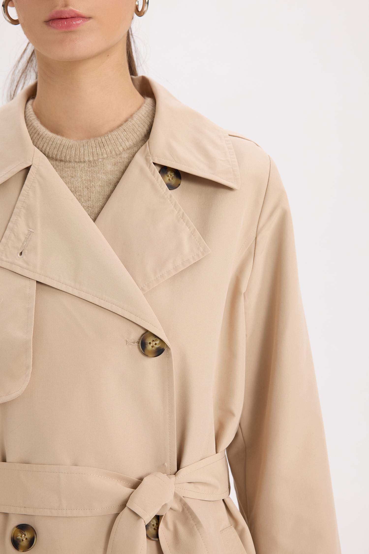 Su Geçirmez Mevsimlik Trençkot Kruvaze Yaka Düğmeli Cepli Kemerli Apoletli