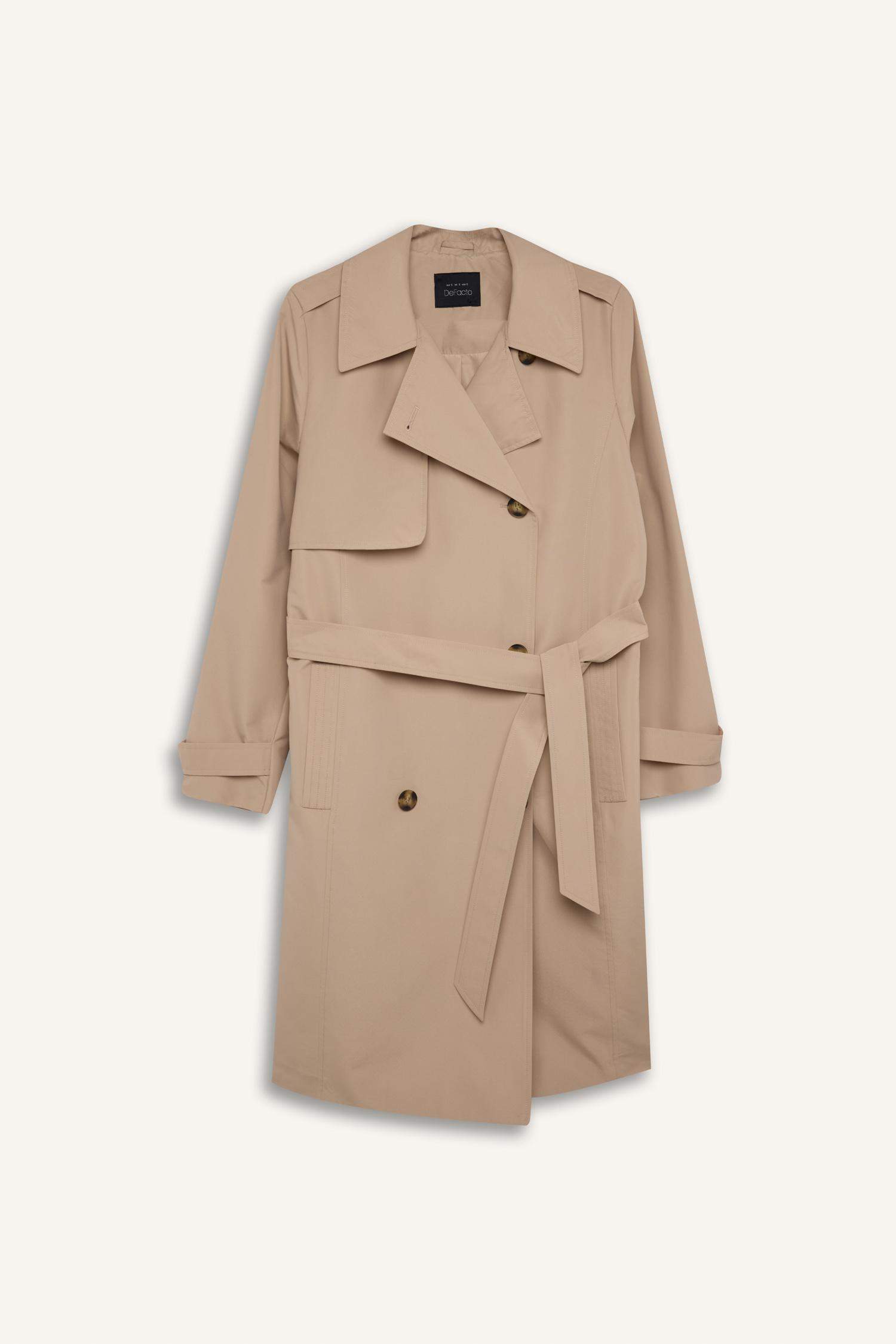 Su Geçirmez Mevsimlik Trençkot Kruvaze Yaka Düğmeli Cepli Kemerli Apoletli